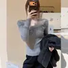 Blusa de Tricô com Renda e Decote V Doce e Picante para Mulheres, Suéter Básico de Manga Longa Estilo Puro Desejo Fora do Ombro para Primavera e Outono