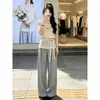 Conjunto de dos piezas de verano vintage estilo francés para mujer, nuevo y juvenil top de punto sin tirantes y pantalones casuales de pierna ancha