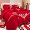 Juego de Cuatro Piezas de Algodón Cepillado Chino Bordado de Gama Alta para Boda, Sábanas de Color Rojo Brillante y Fundas de Edredón para Ropa de Cama de Boda
