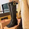 Botas de Moda Retro con Hebilla Lateral y Cremallera Gruesa Zhang Yuanying Mismo Estilo Hebilla Dorada Media Cremallera Tacón Grueso Hasta la Rodilla Botas de Montar