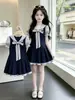 Vestido de Verano para Niña, Estilo Uniforme Escolar Coreano, Dulce Cuello de Muñeca, Vestido de Color Bloqueado a Cuadros Falso de Dos Piezas