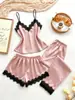 Pijama sexy de encaje para mujer, conjunto de camisola, shorts y pantalones largos, seda sintética, estilo europeo y americano, conjunto de tres piezas de seda helada para casa