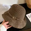 Sombrero de Pescador Tejido de Ala Ancha con Hebilla de Cuero Hueca para Mujer, Sombrero de Paja de Playa para Vacaciones de Verano, Sombrero de Cubo Protector Solar, Sombrero de Sol con Protección Solar