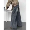Calça jeans masculina estilo americano com patchwork e barra curva, para primavera e outono, calça comprida casual de alta qualidade, marca trendy de high street, calça larga solta