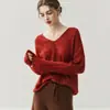 Camiseta de punto de cachemira para mujer, cuello en V, hombros caídos, color liso, ajuste ceñido, versátil, suave, textura cerosa, agradable al tacto, jersey