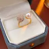 Anel Aberto de Pérola Redonda com Diamante, Luxo Leve, Anel de Dedo Indicador Retro de Alta Qualidade, Joia Versátil de Temperamento Retro Francês
