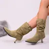Botas retro de gamuza plisadas y apiladas para mujer, nueva moda otoño e invierno 2026, botines elegantes de punta fina con tacones altos finos