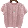 Suéter de Punto Trenzado Bordado a Crochet Hueco Estilo Coreano de Manga Corta para Mujer, Top de Punto Juvenil Rosa Primavera/Verano 2026