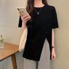 Roupas femininas de tamanho grande, estilo ocidental, camiseta de manga curta, nova blusa francesa solta com fivela inclinada e fenda, camiseta slim para meninas gordinhas