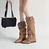 Botas de montar para mujer estilo europeo y americano con estampado de leopardo y cuello vuelto, otoño/invierno 2026, de caña alta, plegables, punta fina, tacón de cuña alto, botas de moda