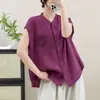 Chal de Lino de Color Sólido Artístico Retro Wuxiu para Mujer Verano 2026 Nuevo Estilo con Bolsillos de Encaje, Corte Holgado, Adelgazante, Top Casual