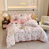 Suave juego de ropa de cama de lujo con estampado floral rosa, tela cepillada de doble cara engrosada, fresco y dulce, adecuado para todas las estaciones en el dormitorio