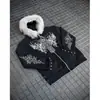 Moletom com Capuz e Gola de Pelo Dark Gothic Y2K com Estampa de Videira Vintage e Decoração de Rebites, Cardigã com Zíper Millennial Hot Girl