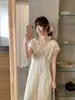 Vestido de crochê com bordado pesado estilo vintage francês para mulheres, novo vestido longo de renda emagrecedor com decote V para o verão