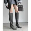 Primeiro Encontro Temporada Botas Cinza Elegantes de Cano Alto Femininas 2025 Outono/Inverno Nova Chegada Bico Fino Salto Agulha Cano Reto Relaxado Botas Femininas