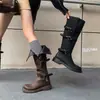 Botas de montar genuinas de cuero estilo británico para mujer, botas altas hasta la rodilla color café para otoño e invierno, botas altas de suela plana, botas de motociclista