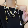 Huanluo~ Colar com Pingente de Chave de Pérolas de Vidro, Corrente Longa para Suéter Estilo Palácio, Acessório Versátil para Outono e Inverno para Mulheres