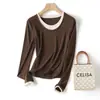 Moda Coreana de Moda Empalmado Falso Dos Piezas Terciopelo Tencel Lana Cuello Redondo Elástico Aspecto Adelgazante Camiseta Interior Camiseta