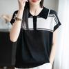 25 Años Nuevo Estilo Verano Bambú Lino Cuello Polo Tejido Mangas Cortas Volantes Camiseta Interior Fina de Manga Corta para Mujer Bloques de Color