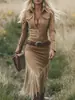 En Stock Amazon Más Vendido Transfronterizo Europeo y Americano 2025 Estilo Vaquero Occidental Gamuza Flecos Ajustado Manga Larga Vestido