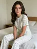Moda feminina para comércio exterior europeu e americano transfronteiriço, estampa de coração, roupa de casa, verão, gola redonda, manga curta, calça longa, conjunto de pijama