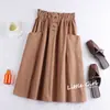 Falda Midi de Algodón de Estilo Coreano Nueva para Primavera/Verano, de Cintura Alta, de un Solo Botón, Color Sólido, con Bolsillos, Holgada, Adelgazante, Corte A, para Estudiante