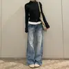 Jeans Bootcut Lavado Retrô de Cintura Baixa para Mulheres Primavera e Verão Novo Hot Girl Calças Largas Retas Soltas Caídas Comprimento Total