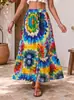 Falda larga estampada de rayón de cintura alta con abertura, falda para vacaciones en la playa, falda acampanada estilo bohemio para mujer