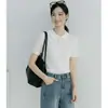 Camiseta Aberta com Gola Lapela para Mulheres, Manga Curta, Estilo Verão, Estilo Minimalista Americano, Design em Tricô Arrastão, Top de Tricô