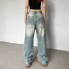 Jeans de Mujer Lavados Retro Americanos Desgastados Azul Claro Rasgados Nuevos de Calle Rectos Sueltos Pantalones Casuales