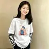 Camada Base Manga Longa Desenho Animado para Meninas Primavera/Outono 2026 Camiseta Estilosa Gola Redonda Camada Base de Algodão Falsa de Duas Peças para Crianças Médias e Grandes