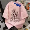 Camiseta de Manga Corta Pesada 100% Algodón Ins para Mujer, Estampado Divertido de Personaje Casual con Grafiti, Top de Pareja para Hombre, Primavera/Verano 2026