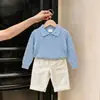 Roupas Infantis Estilo Coreano 2026 Outono Novidades Unissex Azul Nicho Malha com Recortes Gola Polo Suéter Calça Longa Casual