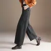 Pantalones rectos de lana engrosada para mujer, nuevo estilo invierno 2026, pantalones cropped petite, pantalones de pierna ancha holgados de cintura alta