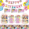 Princesa Rosa Desenho Animado Tema Festa de Aniversário Sonho Menina Decoração Pratos de Papel, Guardanapos, Toalha de Mesa, Arranjo de Louça Descartável