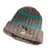 Gorro de Lana Rayado Engrosado Otoño e Invierno con Bordado de Cachorro para Mujer, Gorro Turbante Casual Versátil Lindo, Gorro de Punto Cálido para Protección de Orejas
