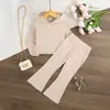 Conjunto Infantil Outono Novo Casual Cor Sólida Malha Canelada Simples Moda Blusa com Capuz de Manga Longa e Calça Flare