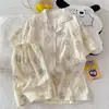 (Precio del paquete) Conjunto de dos piezas de algodón nube doble corto de manga corta de 120g, pijama dulce y lindo para casa para mujer