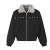Jaqueta de algodão com forro de fleece Magic Bear para o inverno, com gola de pelo sintético, estilo casual streetwear americano e design inspirado em motociclismo com rebites, para homens