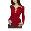 Camiseta de Manga Larga con Cuello de Solapa a Cuadros Estilo Coreano Patchwork para Mujer, Nuevo Atuendo de Otoño e Invierno para Navidad, Top Básico Vintage Ajustado