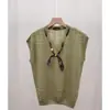 Blusa de malha de seda gelada, respirável, bonita, modeladora e versátil para o verão, com amarração de lenço de seda e mangas curtas bufantes vazadas