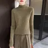 Suéter de punto para mujer 100% lana pura, cuello medio alto, nuevo estilo otoño e invierno, color liso simple, jersey con diseño trenzado para usar en capas