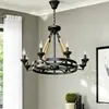 Lustre circular de vela com corda de cânhamo estilo industrial, luminária de sala de estar vintage em ferro preto, iluminação personalizada para vilas e pousadas