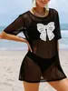 Falda Sexy de Malla Transparente de Tres Cuartos con Manga Larga Casual y Blusa de Encaje con Lazo y Empalme Estéreo para Mujer