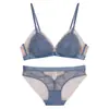 Conjunto de lencería sexy estilo francés transfronterizo con copa de triángulo pequeño, sin aros, malla fina de algodón y detalles de encaje de pestañas, diseñado para hacer que los pechos grandes parezcan más pequeños