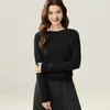 Modelo 2026, suéter feminino 100% caxemira pura com gola redonda, camada base de malha versátil
