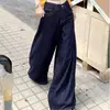 Jeans Vintage Azul Escuro de Perna Larga para Mulheres, Design Fino de Perna Larga, Calças Retas Largas, Calças Versáteis de Comprimento Total