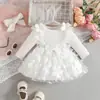 Vestido Romper de Tela de Punto Nueva para Bebé Niña Otoño Invierno con Parches de Malla de Mariposa de Tejido de Punto Color Sólido Manga Larga con Fruncidos de Encaje