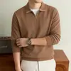 Camisa Polo de Manga Longa Estilo Old Money para Homens, Cor Sólida Casual com Meio Zíper, Mistura de Lã, Outono/Inverno, Camiseta com Gola Reversível