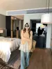 Suéter de Tricô com Mistura de Lã Feminino imXiang Wusong Flower Shop com Gola Assimétrica de Renda e Cardigan Crochê Vazado